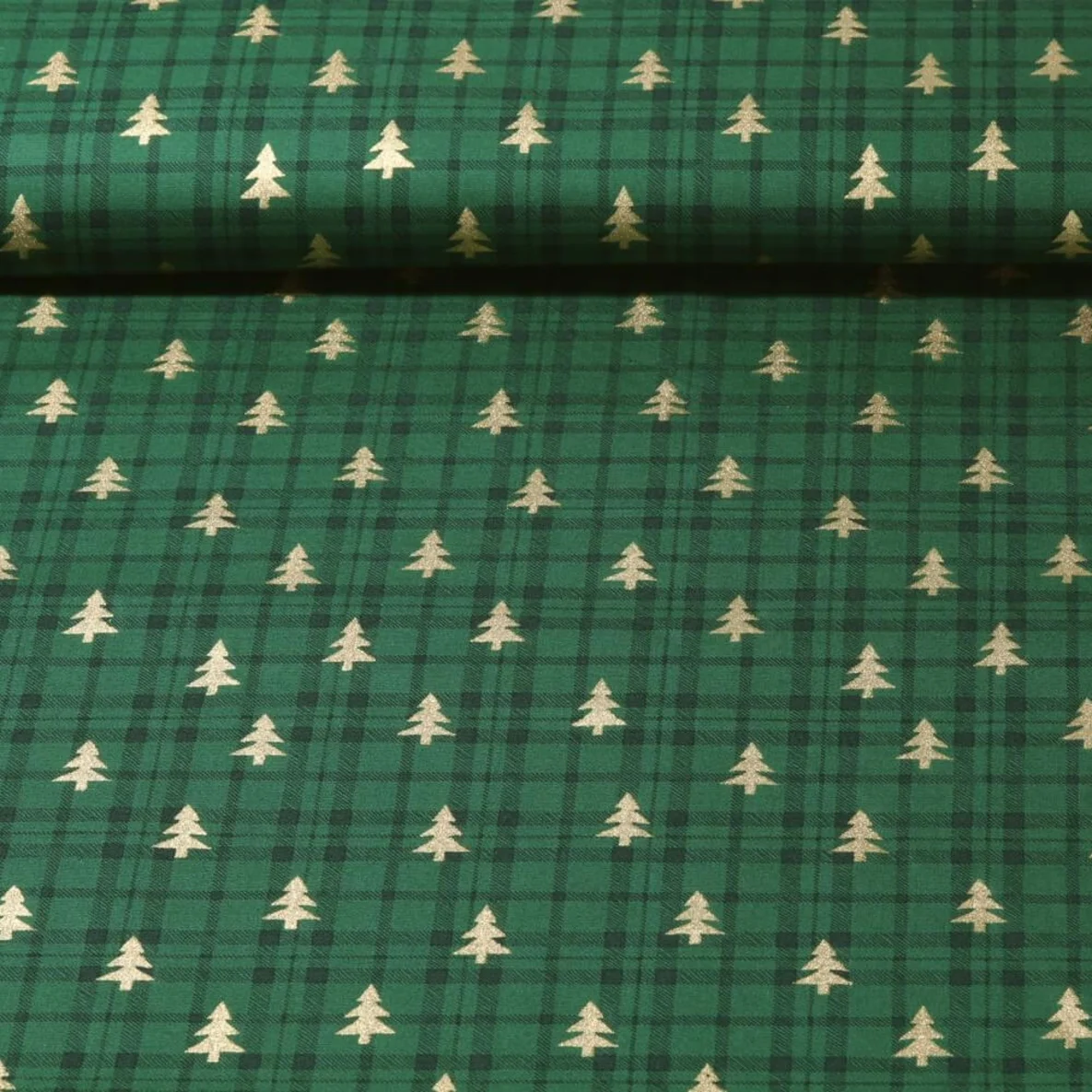 Weihnachtspopeline Karo Bäume Grün Gold