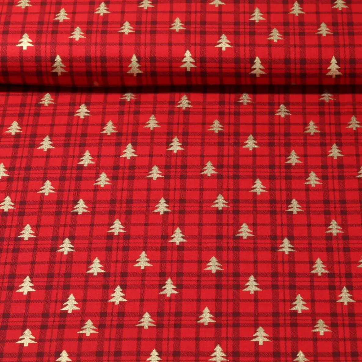 Weihnachtspopeline Karo Bäume Rot Gold