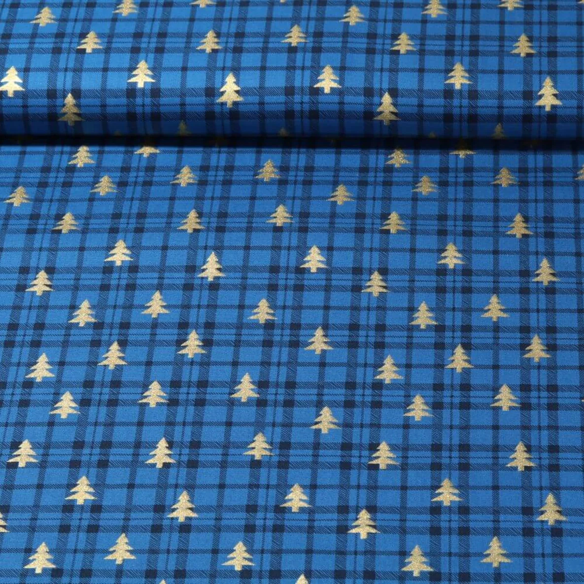 Weihnachtspopeline Karo Bäume Royalblau Gold