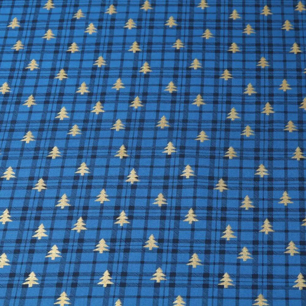 Weihnachtspopeline Karo Bäume Royalblau Gold