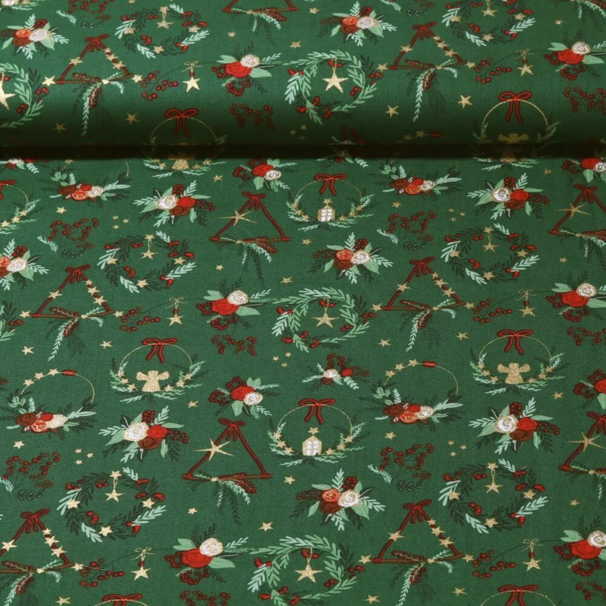 Weihnachtspopeline Kränze Tannengrün Gold