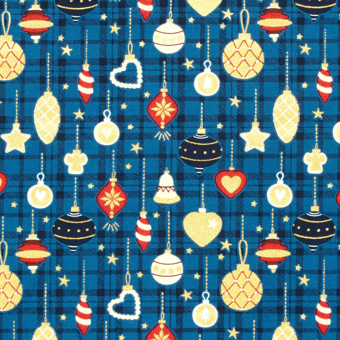 Weihnachtspopeline Kugeln Karo Blau Gold