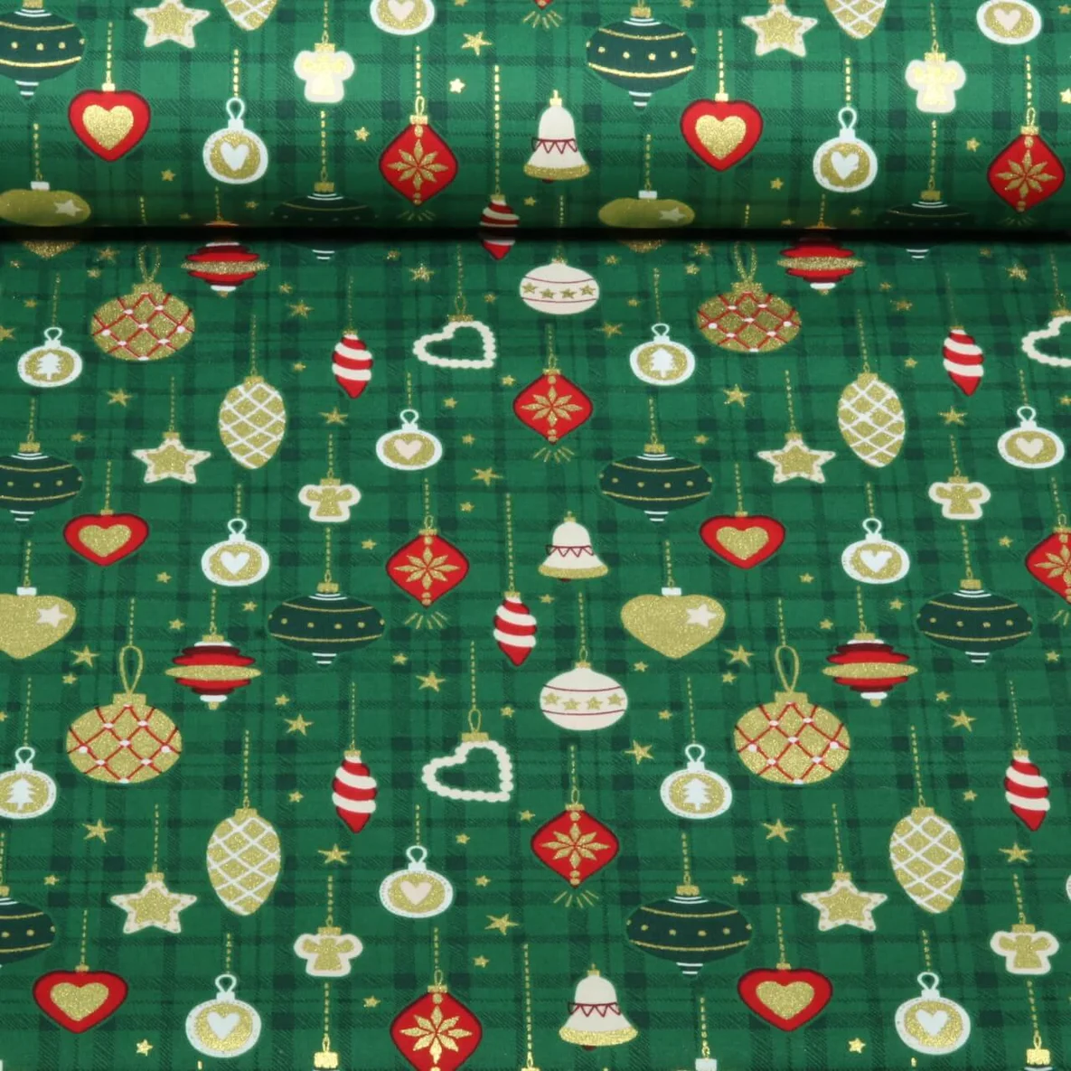 Weihnachtspopeline Kugeln Karo Grün Gold