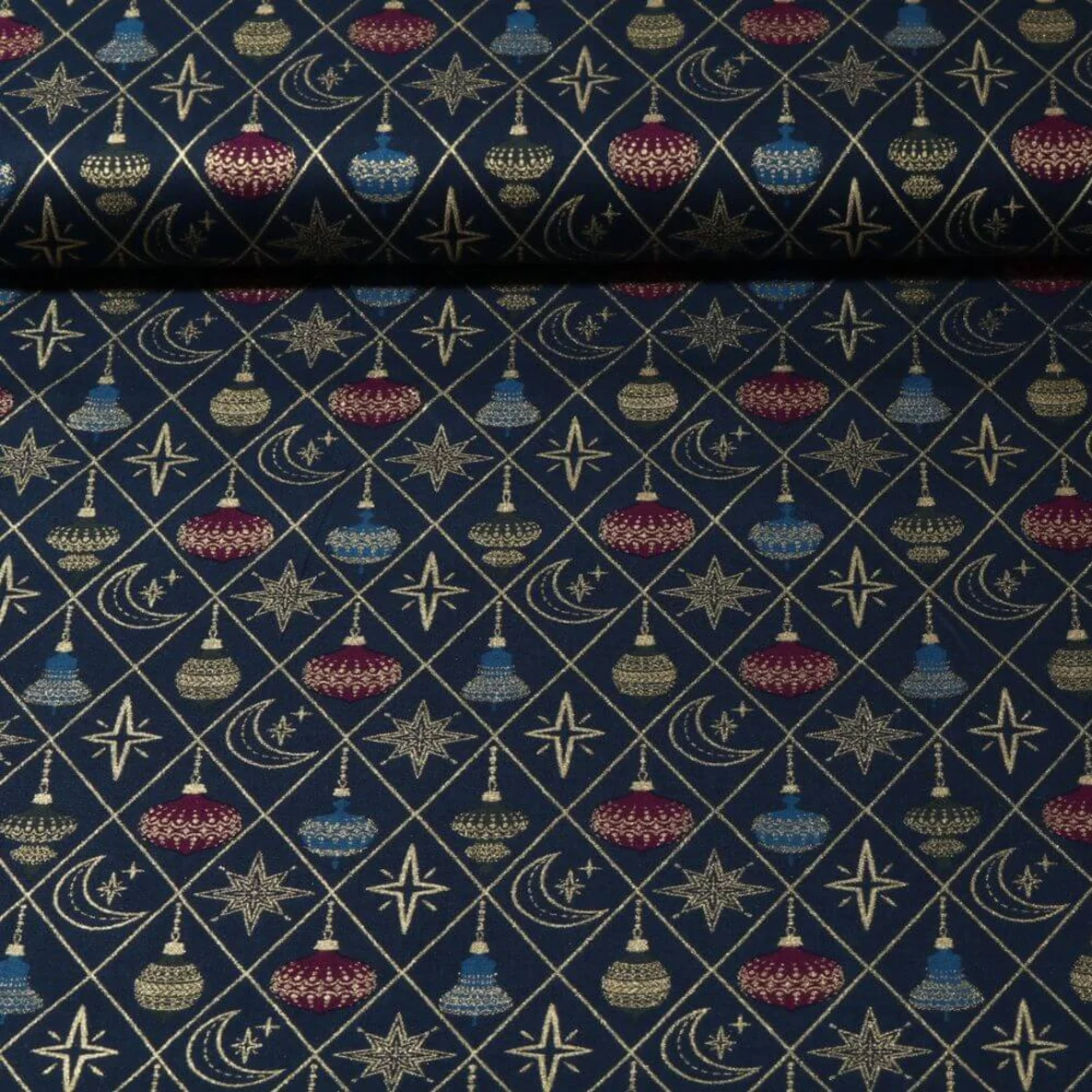 Weihnachtspopeline Kugeln und Rauten Navy Gold