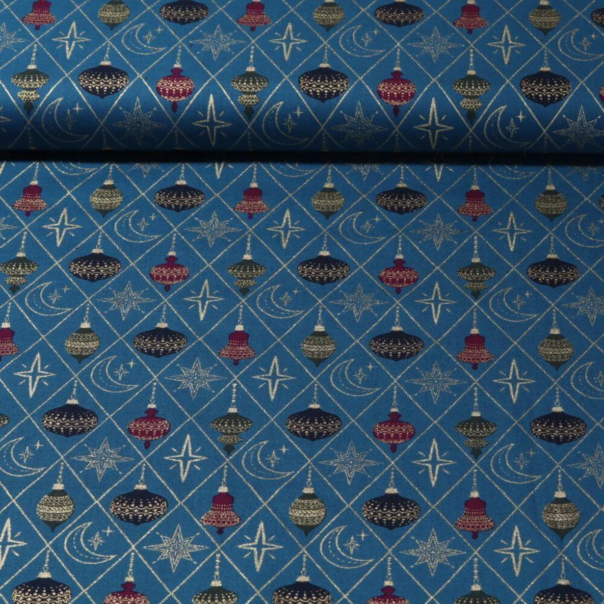 Weihnachtspopeline Kugeln und Rauten Petrol Gold