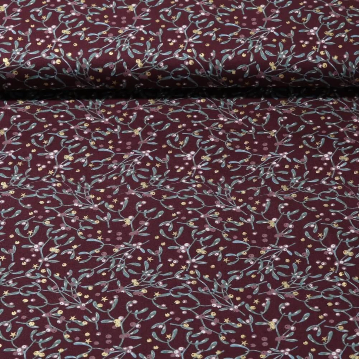 Weihnachtspopeline Mistelzweige Bordeaux Gold