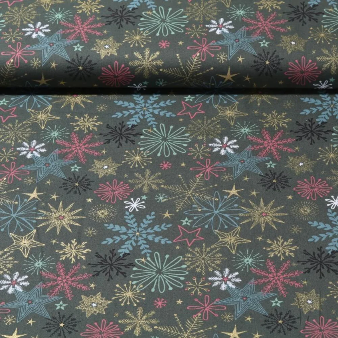 Weihnachtspopeline Sterne Kristalle Khaki Gold