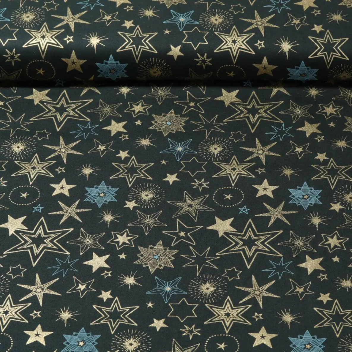 Weihnachtspopeline Sterne Mix Dunkelgrün Gold