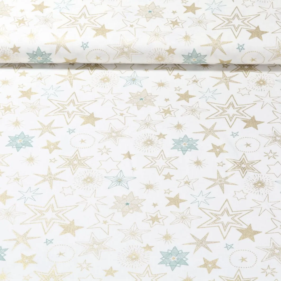 Weihnachtspopeline Sterne Mix Ecru Gold