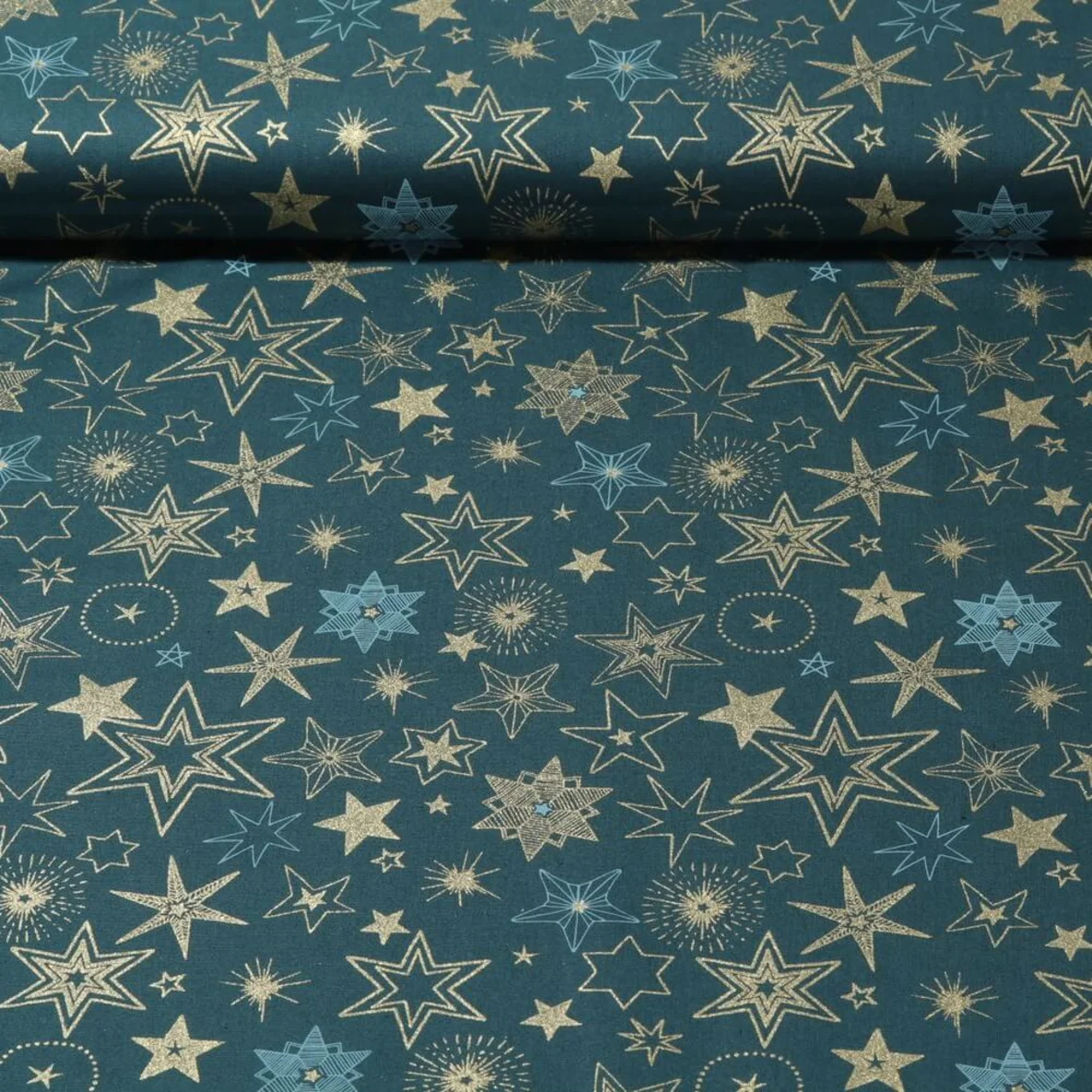 Weihnachtspopeline Sterne Mix Petrol Gold