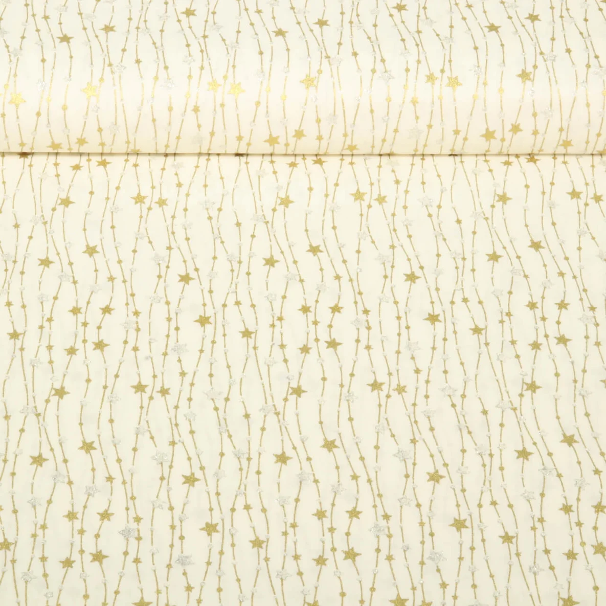 Weihnachtspopeline Sternenkette Ecru Gold Silber