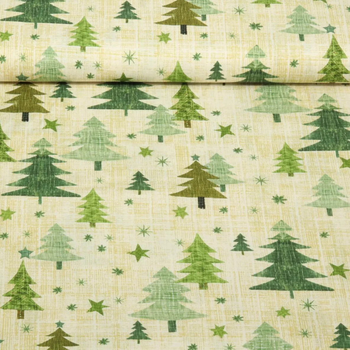 Weihnachtspopeline Tannenbäume Beige Grün