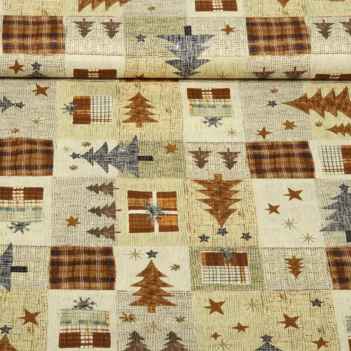 Weihnachtspopeline Tannenbäume Patchwork Beige Braun