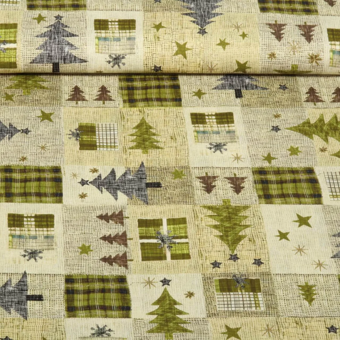 Weihnachtspopeline Tannenbäume Patchwork Beige Grün