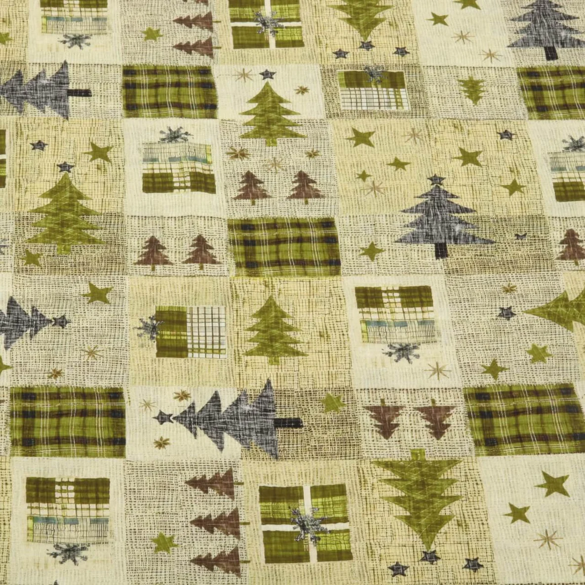 Weihnachtspopeline Tannenbäume Patchwork Beige Grün