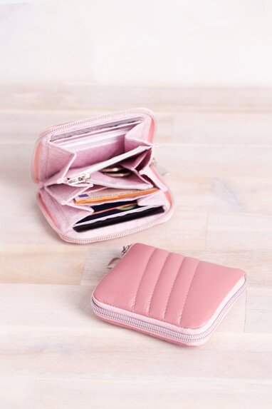 small wallet with zipper polly in rose pink open and closed