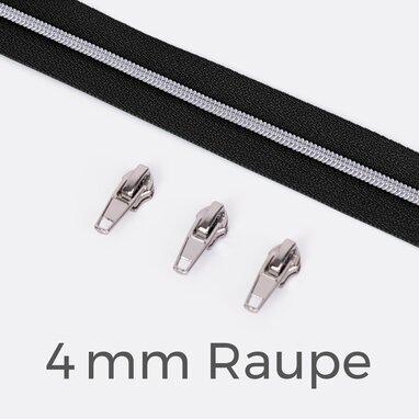 Endlos-Reißverschluss 4 mm Metallraupe silber Zipper schwarz B5