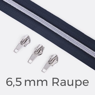 Endlos-Reißverschluss 6,5 mm Metallraupe silber Zipper indigo D196
