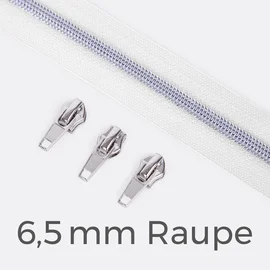 Endlos-Reißverschluss 6,5 mm Metallraupe silber Zipper weiß B3
