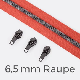 Endlos Reißverschluss gunmetal metallisiert koralle 6,5 mm Raupe