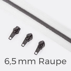 Endlos Reißverschluss Gunmetal Weiß B3 6,5mm Raupe