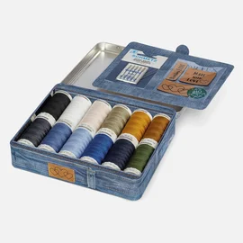 GÜTERMANN Denimgarn-Box mit Jeansnadeln & Kunstleder-Label