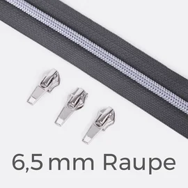 Reißverschluss Silber 6,5mm Dunkelgrau D306 3m lang