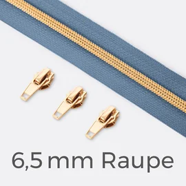 Endlos-Reißverschluss 6,5mm Raupe Gold Blassblau D205