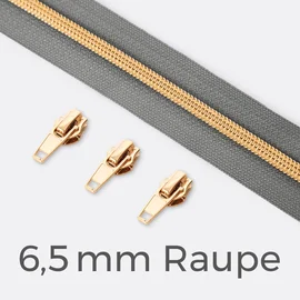 Endlos-Reißverschluss 6,5mm Raupe Gold Mausgrau B24