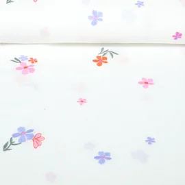  Baumwoll Musselin Double Gauze Bestickt Blumen Ecru Blau