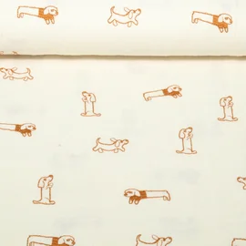  Baumwoll Musselin Double Gauze Bestickt Hunde Ecru