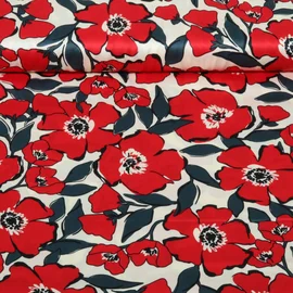  Baumwollsatin Blüten Ecru Rot