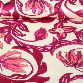  Viskose Satin  Digitaldruck Große Blätter Blüten Ecru Beere