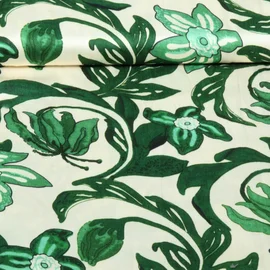  Viskose Satin  Digitaldruck Große Blätter Blüten Ecru Grün
