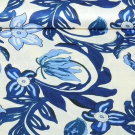  Viskose Satin  Digitaldruck Große Blätter Blüten Ecru Kobalt