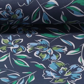 Alpenfleece Große Blumen Jeansblau Grün