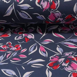 Alpenfleece Große Blumen Jeansblau Rot