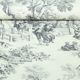 Baumwoll-Canvas Dorfleben Toile-de-Jouy Beige Grau