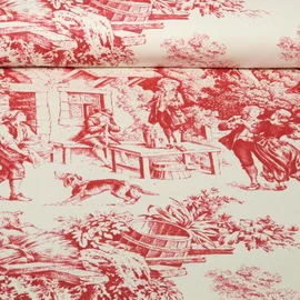 Baumwoll-Canvas Dorfleben Toile-de-Jouy Beige Rot