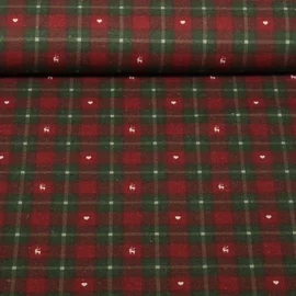 Baumwoll-Canvas Leinenlook Karo Herzen Hirsche Rot Grün