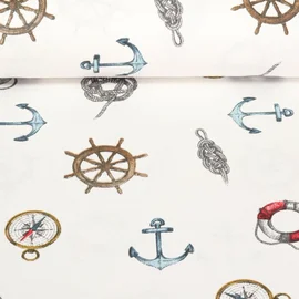 Baumwoll Canvas Maritim Navigation Weiß