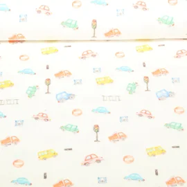 Baumwoll Flanell Digitaldruck Autos Ecru