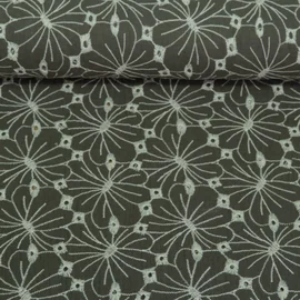 Baumwoll Musselin Double Gauze Blumen Bestickt Armygrün