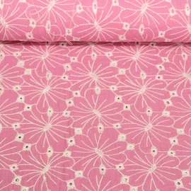 Baumwoll Musselin Double Gauze Blumen Bestickt Rosa