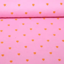 Baumwoll-Musselin Double Gauze Herzen Orange Bestickt Rosa