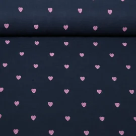 Baumwoll-Musselin Double Gauze Herzen Rosa Bestickt Navy