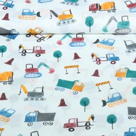 Baumwoll-Popeline Digital Fahrzeuge Baustelle Weiß