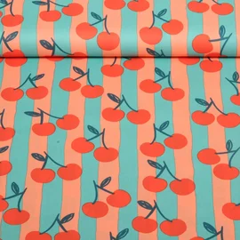 Baumwoll Popeline Kirschen Helles Petrol