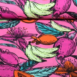 Baumwoll-Viskose  Voile Früchte Blüten Pink