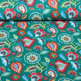 Baumwoll-Webware Blumen Boho Smaragdgrün